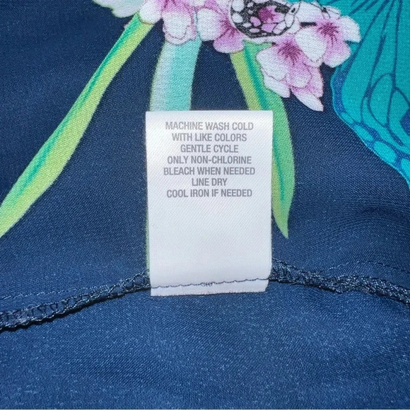 Roz & Ali Tie Front Button Up Blouse Women’s 1X Plus Navy Tropical Semi-Sheer - Picture 6 of 7